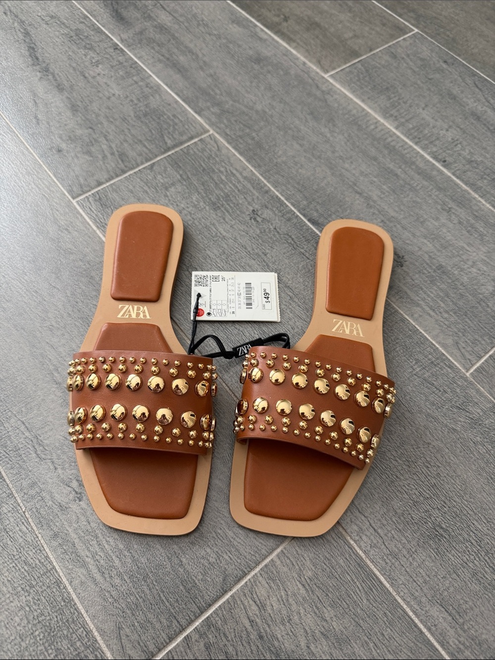 ZARA Tan Brown Slide Sandals with Gold Studs